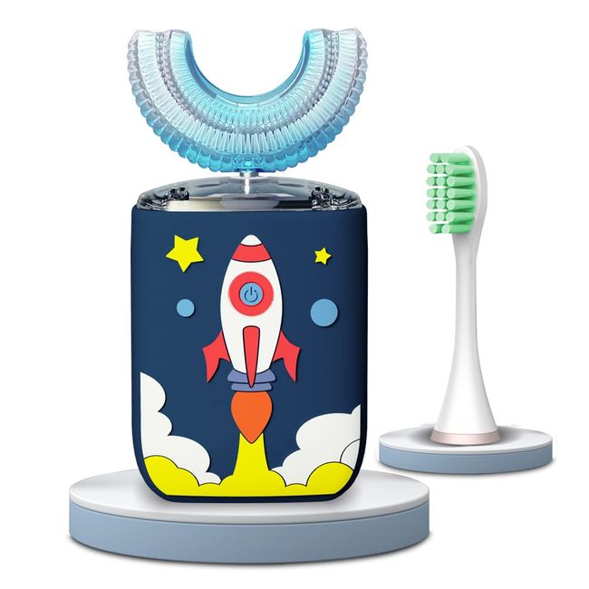 Kids Electric Toothbrush U Shaped Ultrasonic Automatic Brush with 2 Brush Head 6 Sonic Clean Modes IPX7 Waterproof Rocket Design Whole Mouth Rechargeable Smart Timer Toothbrushes for Children 2-6 Year