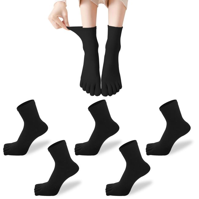 XKAOPUTE 5 Toe Socks, Ankle Length, Crew Length, Women's, Women's, Sports, Running Socks, Short, Cotton, 5 Toe Socks, Breathable, Durable, Odorless, Set of 5 Pairs, Black Crew Length