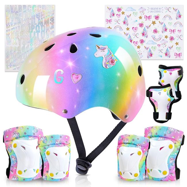 Kids Helmet and Pads Set Unicorn Knee Pads and Elbow Pads Set with Stickers Adjustable Protective Gear Set for Girls Age 3-8 Years fit Roller Skates,Bicycle,Skateboarding,Scooter, Rainbow