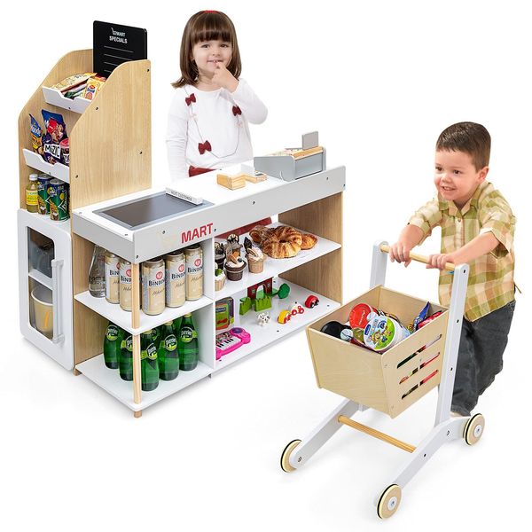 Costzon Pretend Grocery Store Playset, Wooden Supermarket Toy Set for Kids with Chalkboard, Cash Register, Vending Machine, Play Food Accessories, Toddler Play Store, Gift for Boys & Girls (Natural)