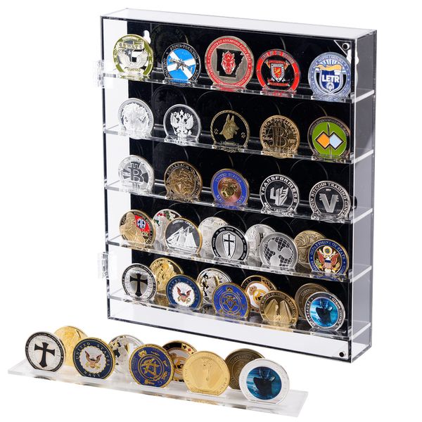 Coin Holder, Challenge Coin Display, Acrylic Military Coin Display Case with Removable Shelves and Magnetic Door, Fits 45 Military Medals Poker Chip Pins Badges, for Casino Poker Chips Collectibles