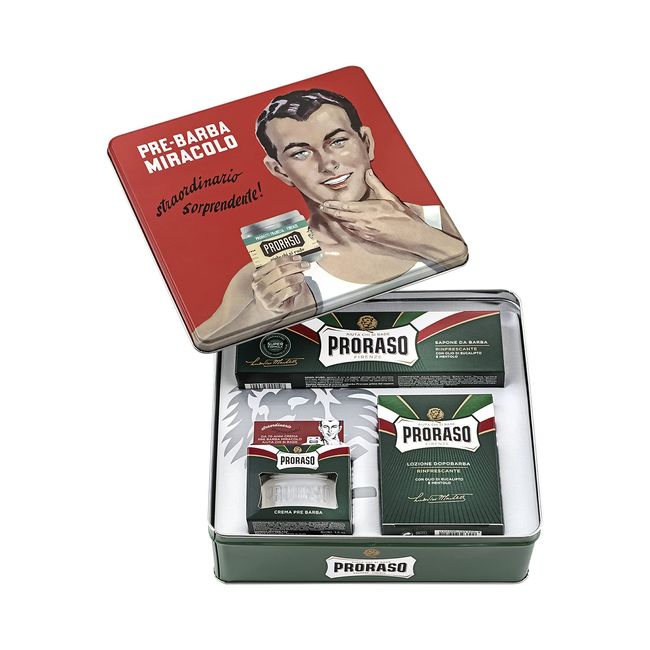 Proraso Shaving Kit for Men | Refreshing and Toning Pre-Shave Cream, Shaving Cream Tube and After Shave Balm in Vintage Gino Tin | All Skin Types