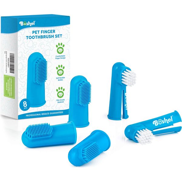 BOSHEL 8 Pc Finger Toothbrush for Dogs - Dog Toothbrush Kit Includes 6 Silicone Bristle + 2 Nylon Bristle Dog Finger Toothbrushes - Cat Toothbrush for Small & Large Pet - Dog Tooth Brush Oral Care Kit