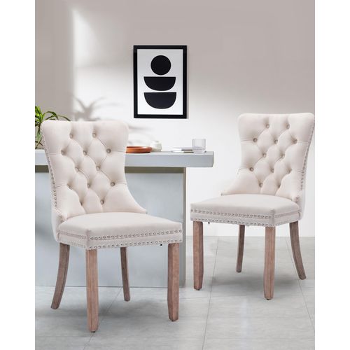 VICBARLEY Velvet Dining Chair Set of 2 Upholstered Tufted Dining Room Chair with Nailhead Trim and Solid Wood Legs for Kitchen, Restaurant,Beige