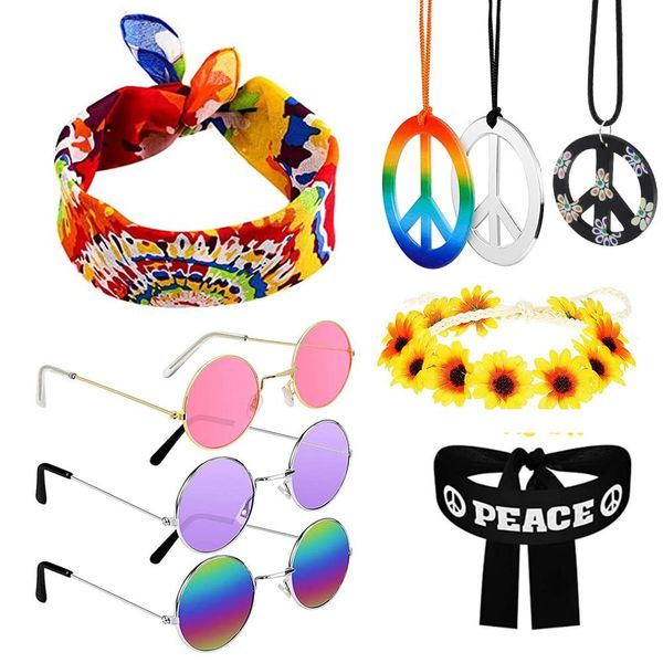 UYUYong Hippie Costume Set Retro Hippie Accessories Men Women Round Sunglasses Peace Sign Necklace Sunflower Necklace and Colorful Hippie Headband for 70s 80s Fashion Theme Party