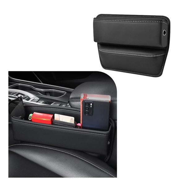 Dickno Car Seat Gap Organizer, Leather Auto Front Side Seat Gap Filler with Charge Hole, Large Capacity Seat Gap Storage Box, Vehicle Interior Organizer for Phones, Keys, Cards (Black)