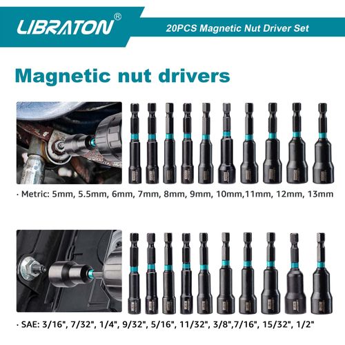 Libraton 20PCS Magnetic Nut Driver Set, Impact Drill Driver Bit Set 1/4", Metric and SAE Nut Driver, with Storage Bag, 5-13mm and 3/16''-1/2'' Nut Drivers