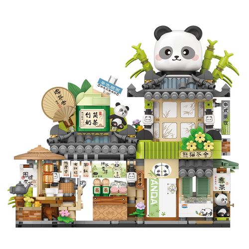 MEIEST Mini City Shop Street View Building Blocks Model Set,Simulation Animals Architecture Collection Particle Construction Building Bricks Toy,Home Decoration (Panda Tea House)