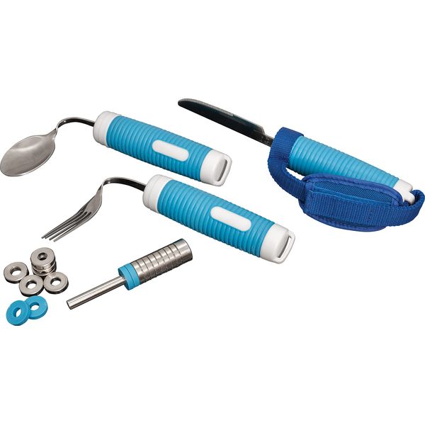 Aidapt Weight Adjustable Cutlery Set. Bendable fork, Knife, Spoon, Strap and set of Weights. for Those with Poor Hand Control, Dexterity, Weakened Strength in Hands or Wrists. Easy Pick Up & Grip.