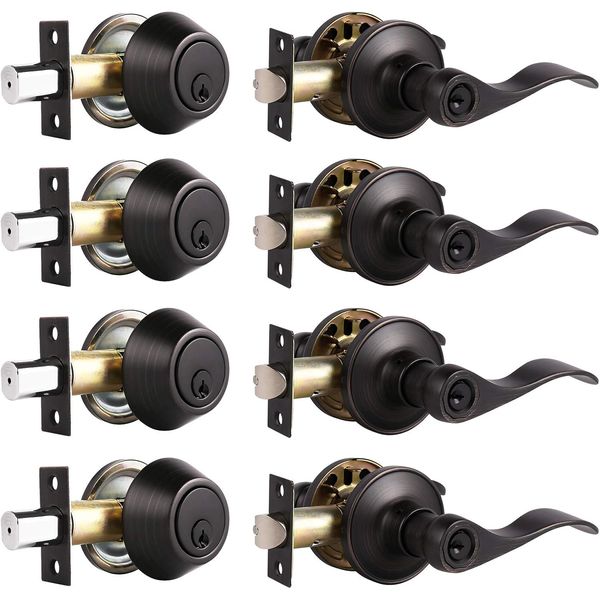 4 Sets-Front Door Entry Lever and Single Cylinder Deadbolts Combination Set, Key