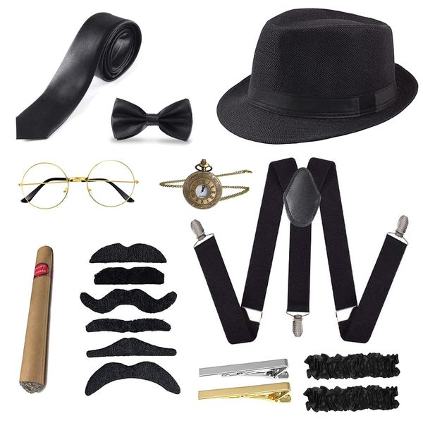 mefound 1920s Men Costume Accessories Set Gatsby Gangster Roaring Retro 20s Costume Kit,Hat,Bow Tie,Pocket Watch,Suspender,Glasses,Beard,Armband Garters,Tie Clips