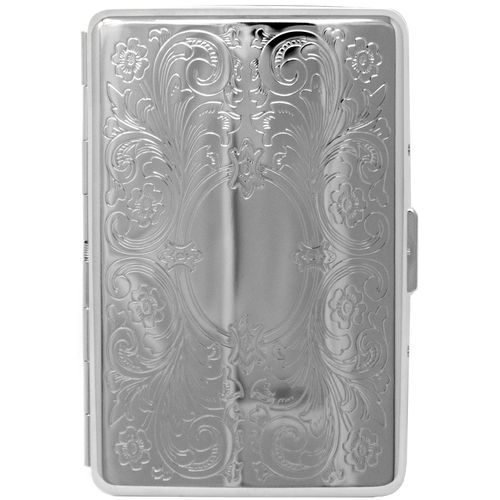 Silver Vintage Victorian Scroll Compact (16 100s) Etched Metal-Plated Cigarette Case & Stash Box