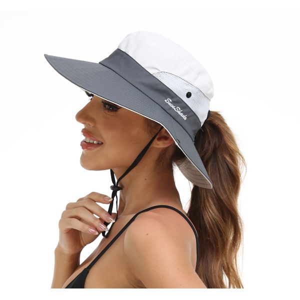 Womens Summer Sun Hat Beach Hat Wide Brim Outdoor UV Protection Hat Foldable Cool Mesh Ponytail Bucket Hat (Grey+Beige)