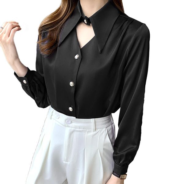 Ranmy Stage Women's Blouse, Long Sleeve Collar, Office, Stylish, Cutout on the Chest for Adults, Office Casual, Beautiful, Sexy, Adult Cut, Shirt, Spring, Summer, Black