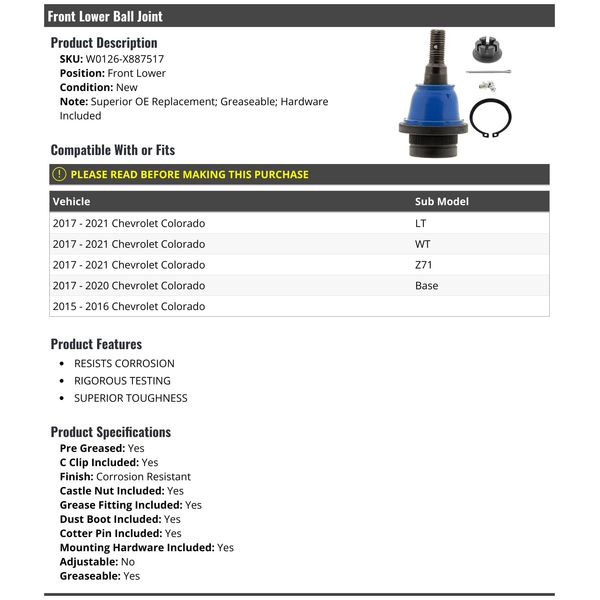 Front Lower Ball Joint - Compatible with 2015-2021 Chevy Colorado