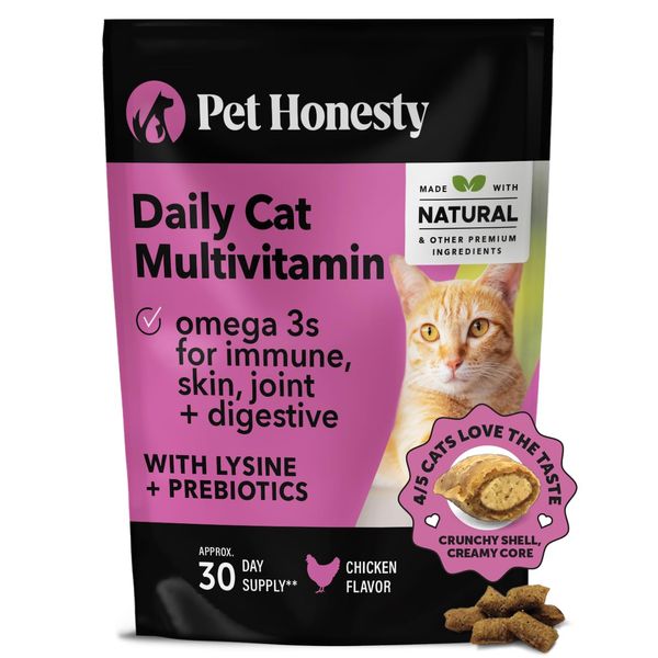 Pet Honesty Cat Multivitamin Chews - Cat Treats for Health + Immune, Cat Joint Support, Skin & Coat, and Digestion | Omega 3s, Lysine for Cats, Cat Probiotic, Cat Vitamins - Chicken (30-Day Supply)