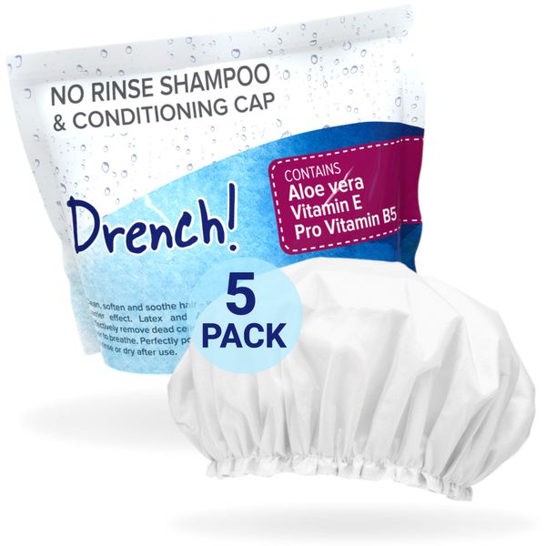 Drench! No Rinse Shampoo Caps - Waterless Shampoo and Conditioner Hair Wash Cap - Dry Hair Washing Aids with Aloe Vera and Vitamins - Pack of 6 Rinse Free No Water Shower Caps