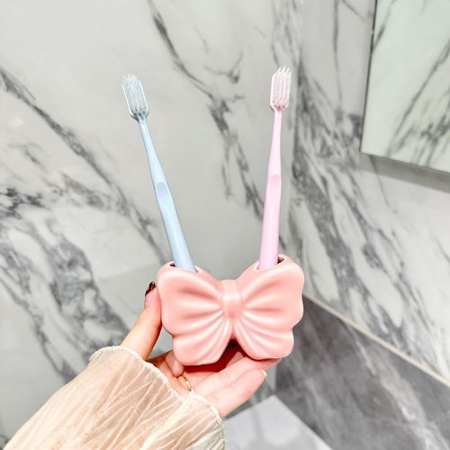 Toothbrush Holder, Cute Bow Ceramic Tooth Brush Holder Pen Holder for Bathroom Countertop Home Office Decor (Pink)