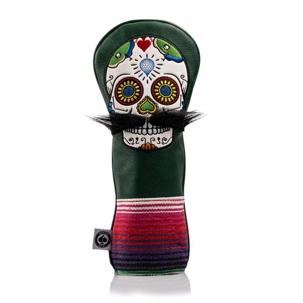 Pins & Aces LE Sugar Skull Mustache Fairway Wood Head Cover - Premium, Hand-Made Leather 3W or 5W Headcover - Funny, Tour Quality Golf Club Cover - Style and Customize Your Golf Bag Green