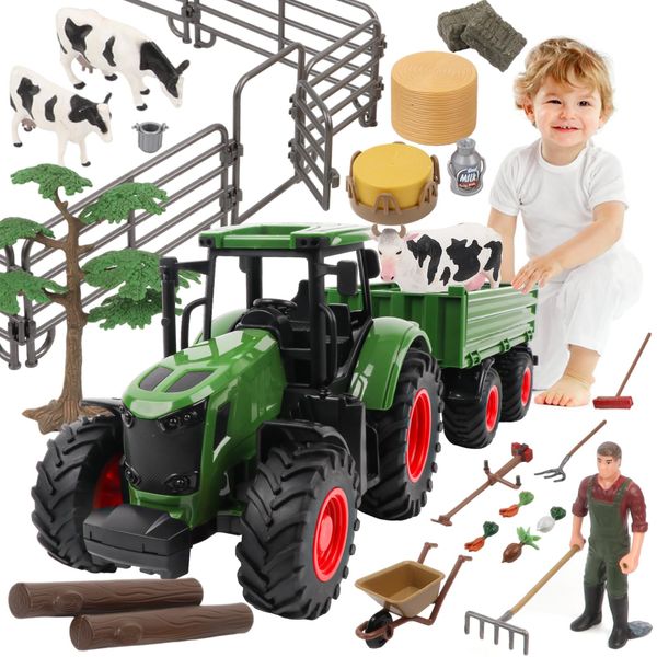 Peagprav Farm Animal Tractor Toys Playset-16.5 Inches Tractor with Trailer Fence,Farmer,Tree,Cow,Farm Toy Set for Boys Girls Kids Toddlers Age 3-7 Years Old