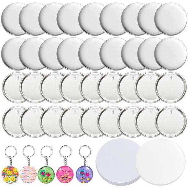 Milkary 250Pcs Button Maker Keychain Supplies, 50 Sets 58mm Metal Keychain Making Supplies for Button Maker Machine, Button Badge Sets with Metal Shell Back Cover Transparent Film Blank Paper Chain