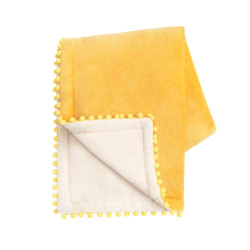 MONDAY MOOSE Cozy Fleece Throw Blanket with Pom Pom Fringe, Super Soft Blanket, Double-Sided Designs, for Couch Bed Sofa Home Decor (50x60 inch, Yellow/Beige)