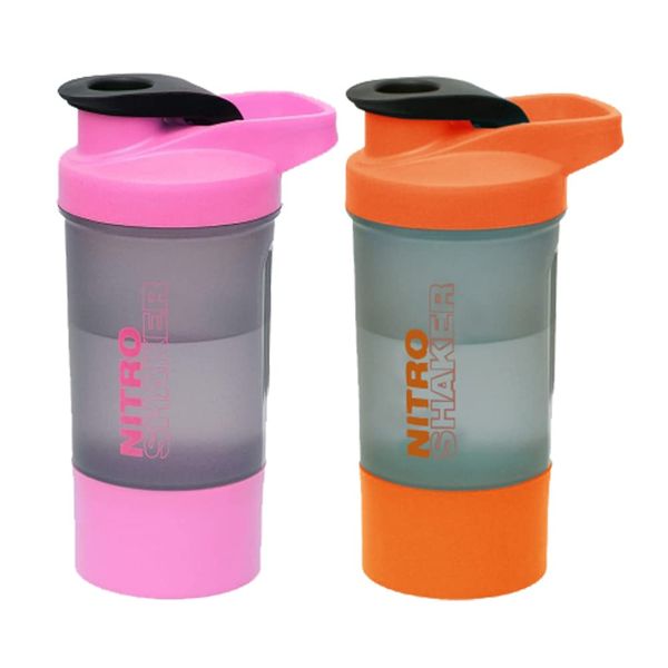 (Set of 2) 600ml Protein Shaker Bottle with Leakproof Screw on Lid & Flip-Top Spout Metal Mix Ball & Storage Box Gym/Sports/Exercise Pre-Workout Drinks BPA Free Shaker Drink Bottle (Pink + Orange)