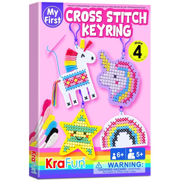 KRAFUN Cross Stitch Kits for Kids Beginners, 4 Unicorn Cross Stitching Keyrings Arts & Crafts, Needlepoint Embroidery Kit for Girls 5-13 Craft Kit Backpack Charms, Ornaments