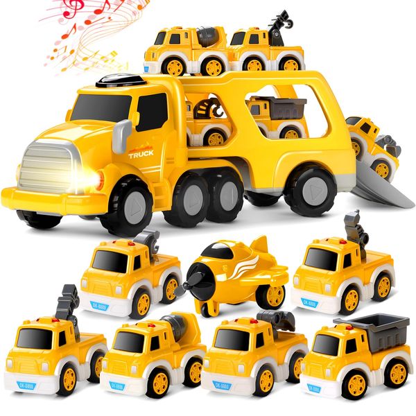 SplashNSpray 8 in 1 Toy Cars for Kids, Fire Truck Toys for 3 4 5 6 Years Old Boys Girls Toddlers, Pull Back Cars Set with Music & Light, Christmas Birthday Presents, (Yellow)