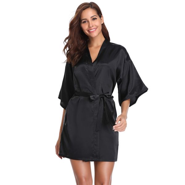 Vlazom Women's Kimono Robes Dressing Gown Satin Bathrobe Nightdress Pure Colour Short Style with Oblique V-Neck,S(UK 6) ,Black