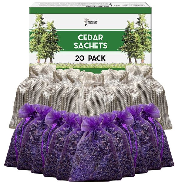 Cedar Chips and Lavender Sachets (20 Pack) - Stop Clothes Damage - Cedar and Lavendar Home Fragrance Sachets for Drawers and Closets