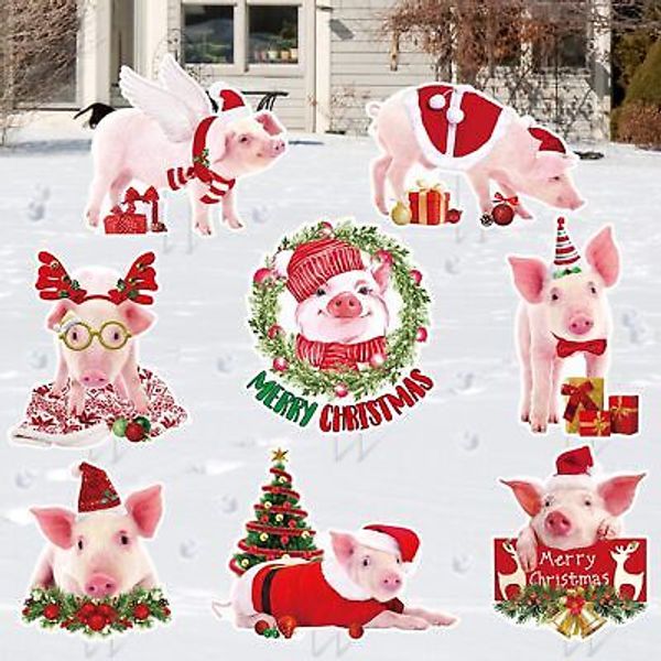 8 Pcs Christmas Pig Yard Signs with Stakes Merry Christmas Lawn Sign Pet Them...