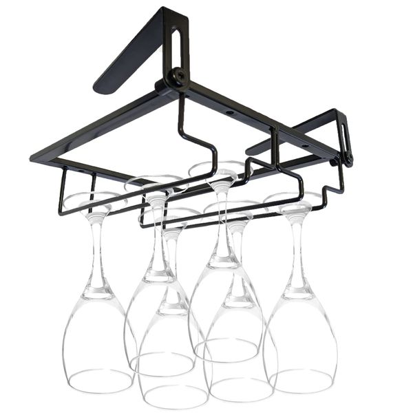 Wine Glass Holder Hanging Double Row Storage No Drilling Easy Installation Screw On Glass Stand Kitchen Champagne Wine Black