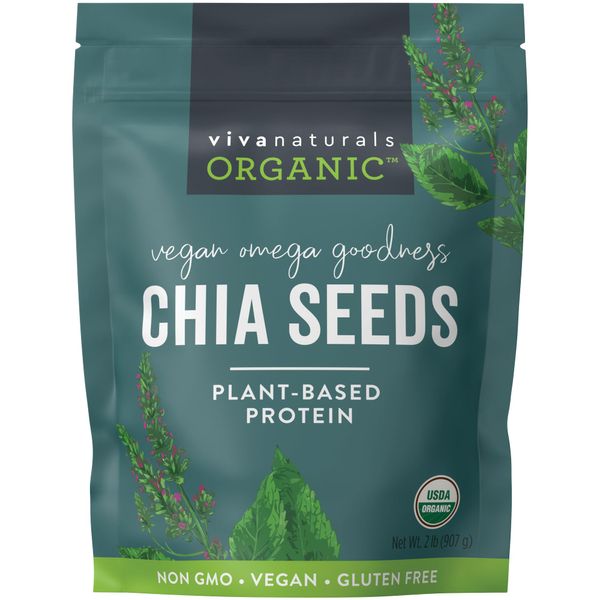 Viva Naturals Organic Chia Seeds 2 LBs - Plant-Based Omega-3 and Vegan Protein, Non-GMO Chia Seeds Organic Perfect for Smoothies, Salads and Chia Seed Pudding, Black Chia Seeds Bulk