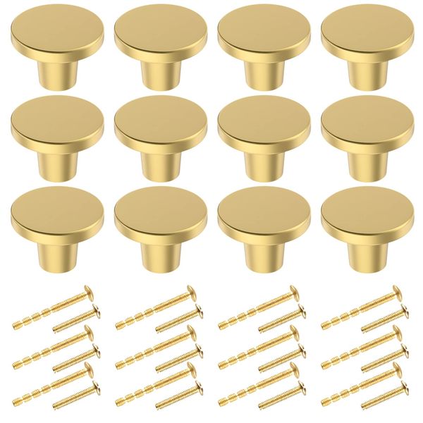 BIGLUFU 12 Pcs Brass Drawer Knobs, Round Kitchen Cabinet Knobs, Dresser Handles Pulls for Chest of Drawers with Screws-20x25 mm (Gold)