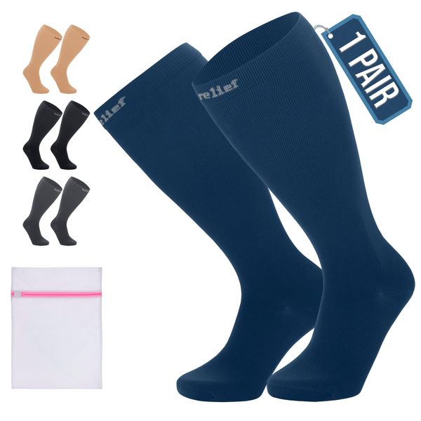 360 RELIEF 1 Pair Plus Size Flight Compression Socks for Women & Men, Supports Blood Circulation, Travel, Edema, Diabetic, Varicose Veins, Pregnancy, Nurses, 4XL, Blue + Laundry Bag