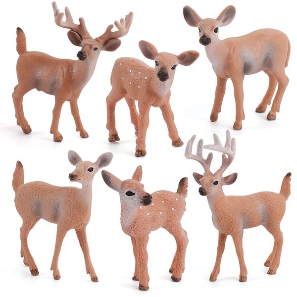 Woodland Wild Animals Toy Playset White Tail Deer Figurines Toys Christmas Scene Decoration Cake Tooper Decoration Accessory Cognitive Toys for Kids 6 Pcs