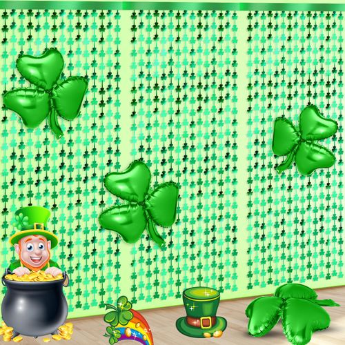 Soulchen 7 Pack St. Patrick's Day Decorations 3 Pack 3.3 x 6.6 ft Shamrock Tinsel Foil Fringe Curtains with 4 Pack 18 Inch Shamrock Foil Balloons for St. Patrick's Day Irish Party(Green)