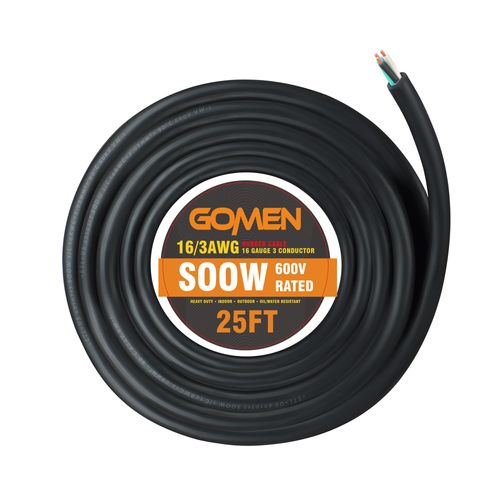 GOMEN 25 Feet 16 Gauge 3 Conductor SOOW Portable Power Cable 600V, 16/3 16 AWG Heavy Duty Electrical Wire, Water and Oil Resistant Electric Cord