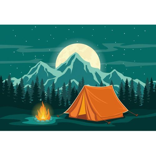 CSFOTO 6x4ft Cartoon Camp Backdrop Camping Theme Party Wild Hiking Field Survival Training Tent Campfire Mountain Forest Starry Sky Background for Photography Kids Portrait Vinyl Wallpaper