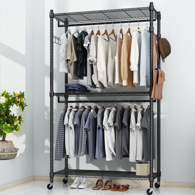 Lulive Clothes Rack, Heavy Duty Garment Rack for Hanging Clothes,  Industrial Clothing Racks with Shelves, 2 Fabric Drawers, 4 Hooks, 2  Hanging Rods