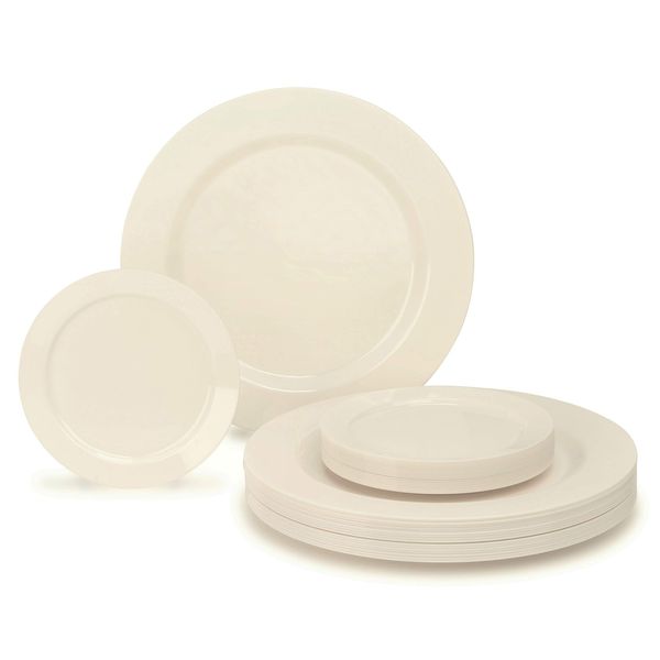 " OCCASIONS " 50 Plates Pack, Heavyweight Premium Disposable Plastic Plates Set (25 x 10.5'' Dinner + 25 x 6.25'' Cake plates) (Plain Ivory)