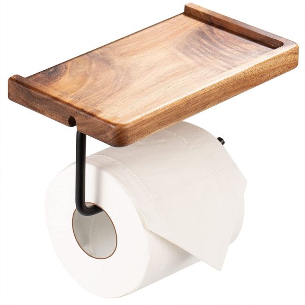 Yangbaga Toilet Roll Holder with Shelf, Wall Mounted Toilet Paper Holder for Bathroom with Wood Tray, Practical Paper Holder for Kitchen and Bathroom