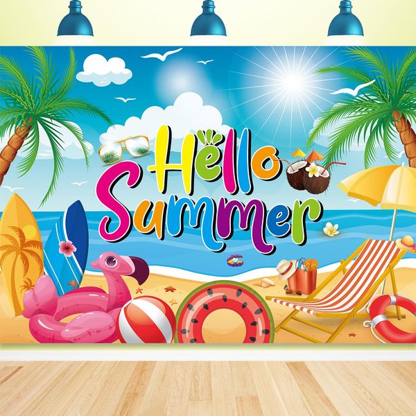 Hello Summer Backdrop,84x60Inch | Beach Backdrop Hawaiian Pool Beach Party Background Hello Summer Beach Party Backdrop Summer Banner Summer Tropical Party Decor Supplie 7x5FT