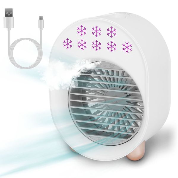 Portable Mini Desktop Air Conditioner Fan - 4-in-1 Cooling Pack, USB Rechargeable, 3 Wind Modes - White