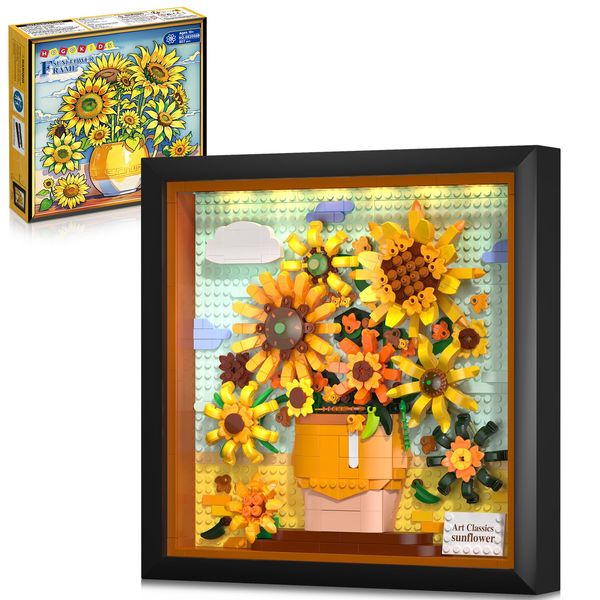 HOGOKIDS Flowers Sunflower Building Set with Lights - Vincent Van Gogh Painting Frame Artwork Mini Building Blocks Toy for Home Dcor Wall Art Architecture Sets Christmas Gift for Adults Teens - 807PCS