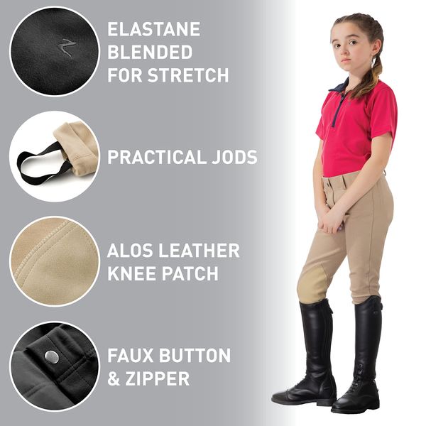 HORZE Nora Girls Riding Pants | Pull-on Kids Equestrian Leather Knee Patch Jodhpur Breeches - Black - S