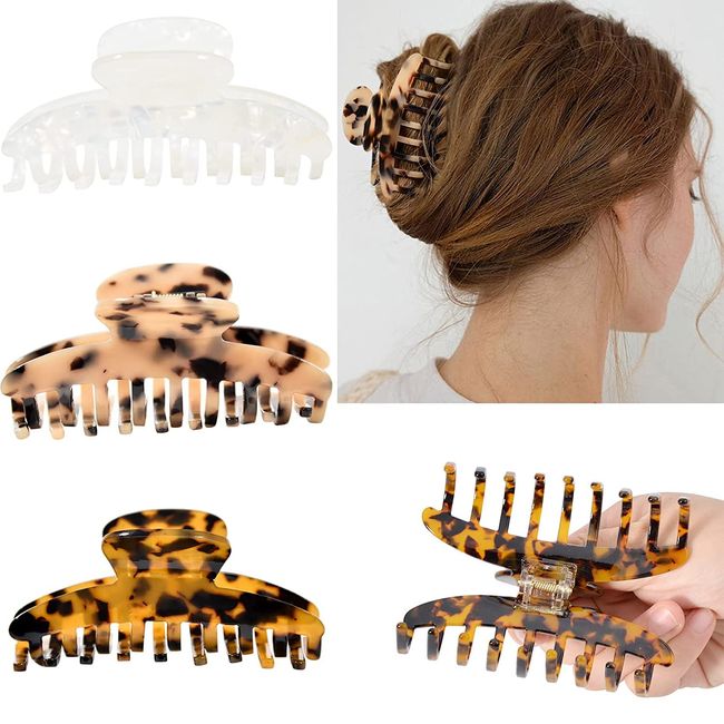 Big Claw Clips Jumbo Hair Clips Tortoise Shell Banana French Design Leopard print Strong Hold for Thick Hair Women Girls,Pack of 3