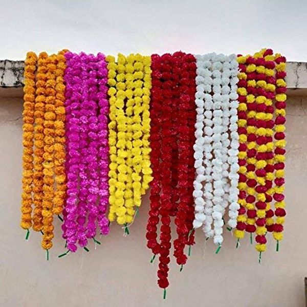 Buycrafty 5 pack Mixed Artificial Marigold flower garlands 5 ft long- for use in parties, celebrations, Indian weddings, Indian themed event, decorations, house christmas