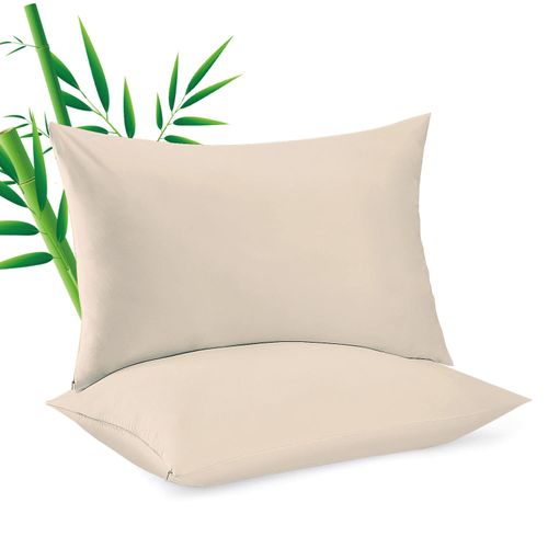 4 Pack Cooling Pillowcasess for Hot Sleepers & Night Sweats, 400 TC Bamboo Viscose Pillow Protectors, Zippered Pillow Cases Queen Size, Breathable Silky Soft Pillow Covers, Beige, 20x30